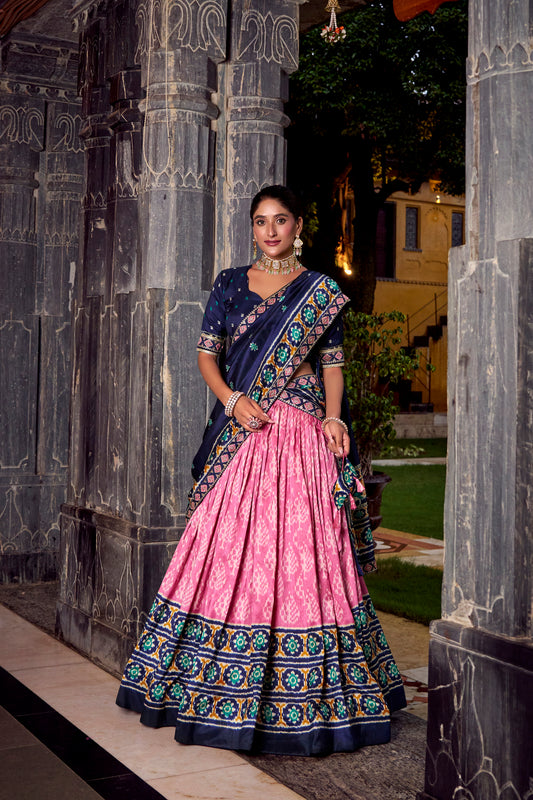 Light Pink Color Ikkat Patola Printed Tasar Silk Lehenga Choli