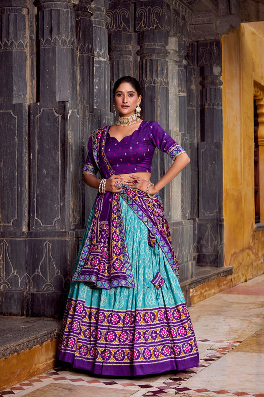 Sky Blue Color Ikkat Patola Printed Tasar Silk Lehenga Choli