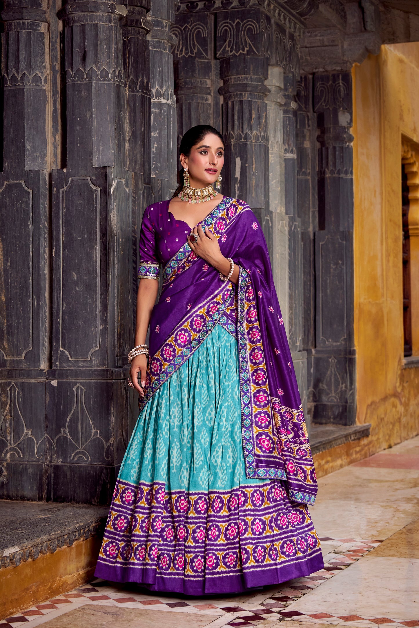 Sky Blue Color Ikkat Patola Printed Tasar Silk Lehenga Choli