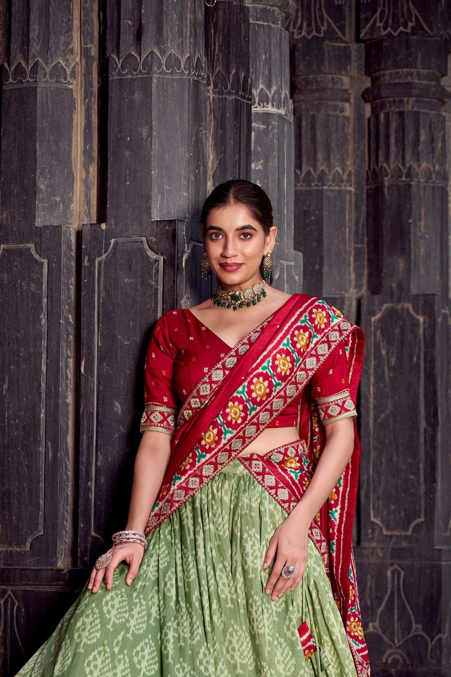 See Green Color Ikkat Patola Printed Tasar Silk Lehenga Choli