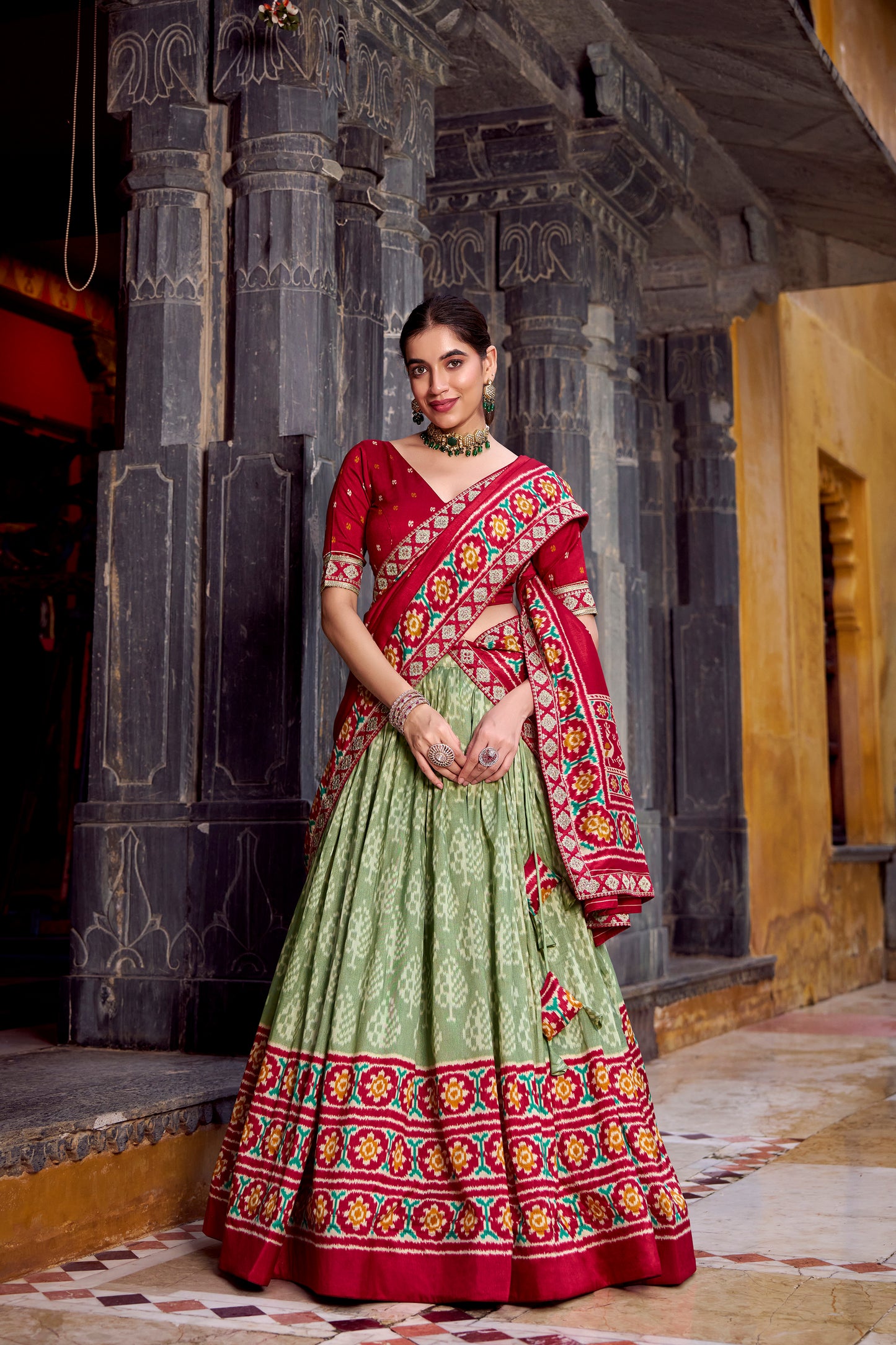 See Green Color Ikkat Patola Printed Tasar Silk Lehenga Choli