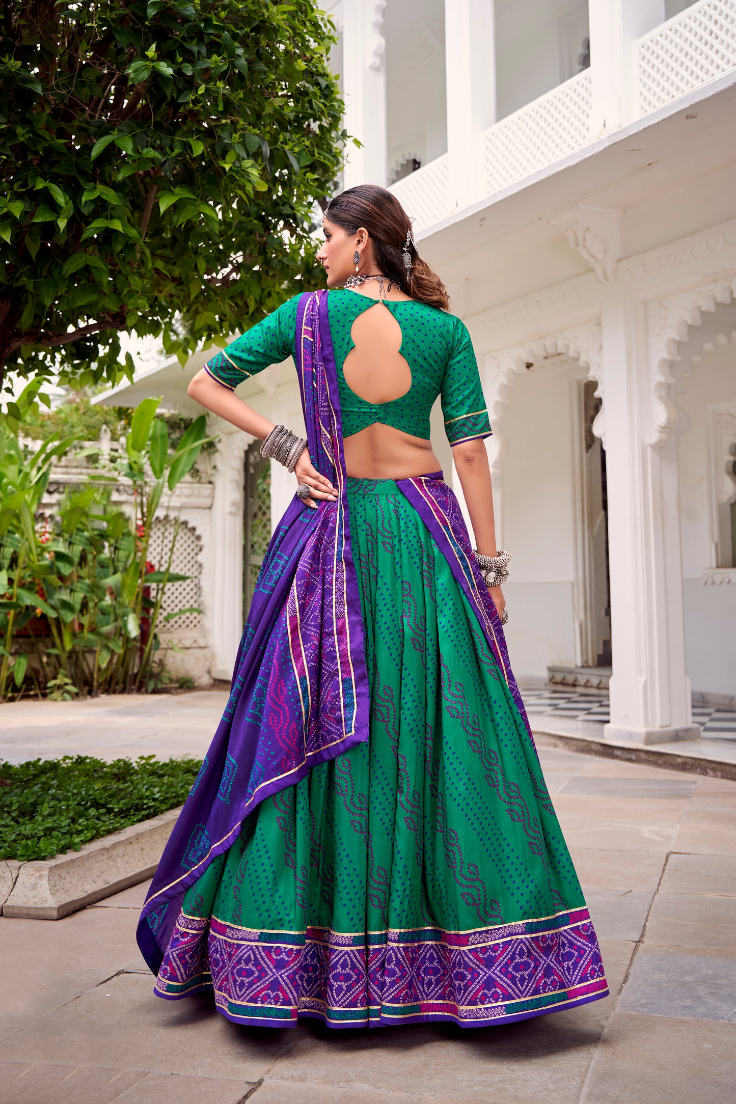 Green Color Bandhej Print With Gotta Patti Lace Tasar Silk Lehenga Choli