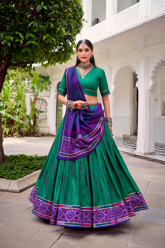 Green Color Bandhej Print With Gotta Patti Lace Tasar Silk Lehenga Choli