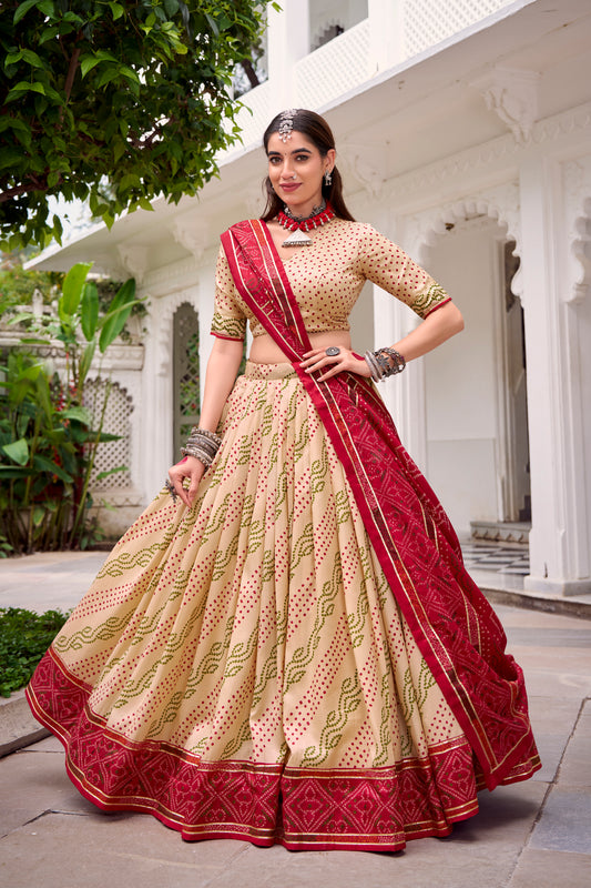 Off White Color Bandhej Print With Gotta Patti Lace Tasar Silk Lehenga Choli