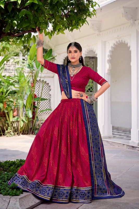 Pink Color Bandhej Print With Gotta Patti Lace Tasar Silk Lehenga Choli