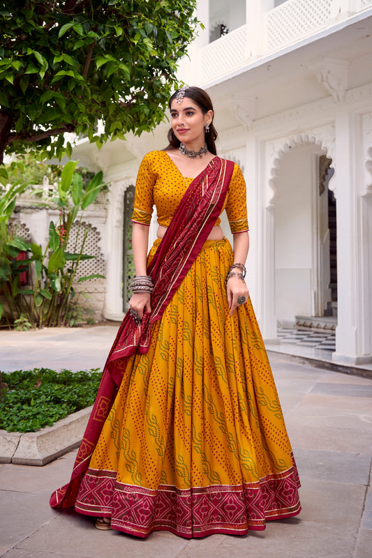 Yellow Color Bandhej Print With Gotta Patti Lace Tasar Silk Lehenga Choli