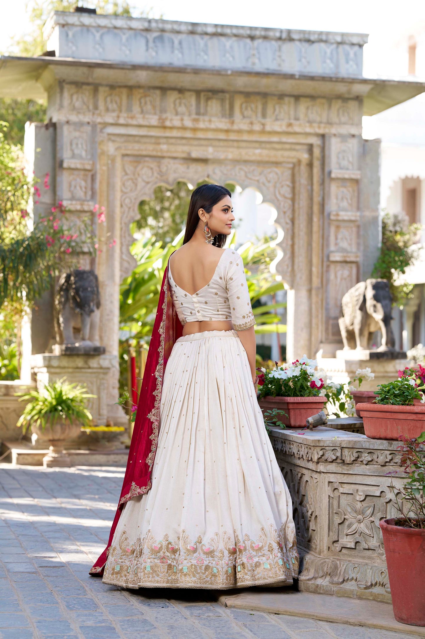 Off white Color Sequins And Thread Embroidery Work Vichitra Silk Lehenga Choli