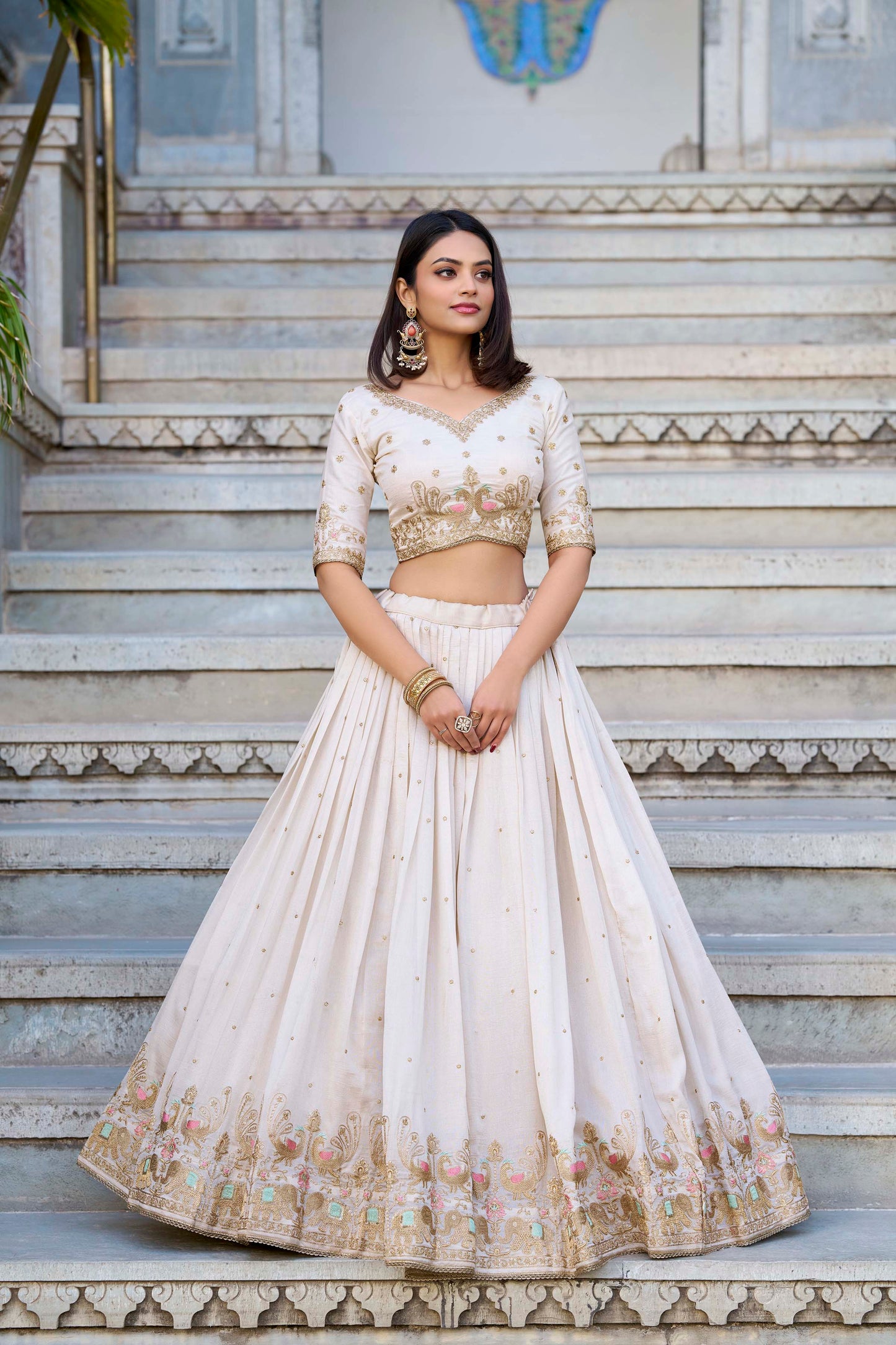 Off white Color Sequins And Thread Embroidery Work Vichitra Silk Lehenga Choli