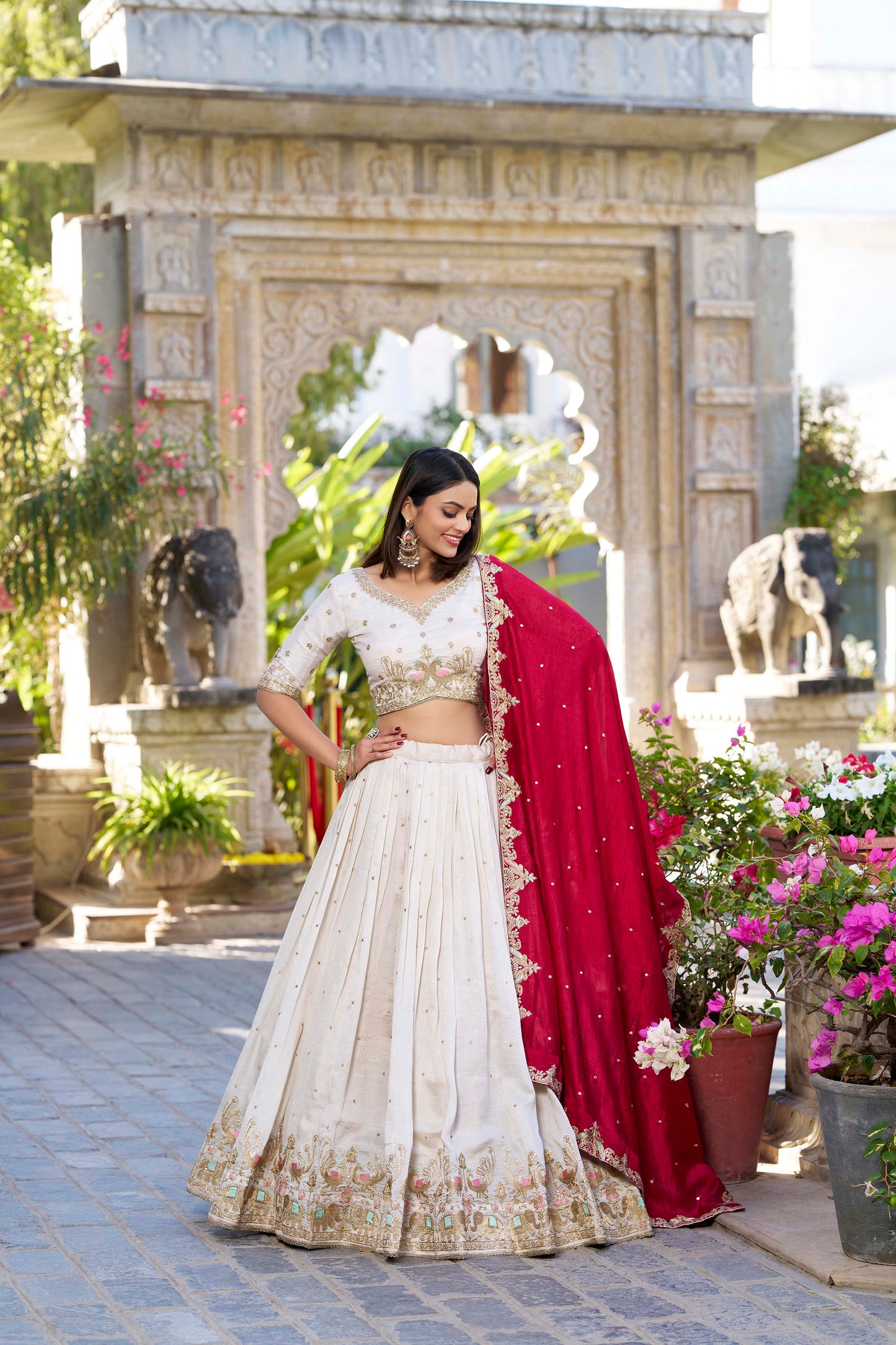 Off white Color Sequins And Thread Embroidery Work Vichitra Silk Lehenga Choli