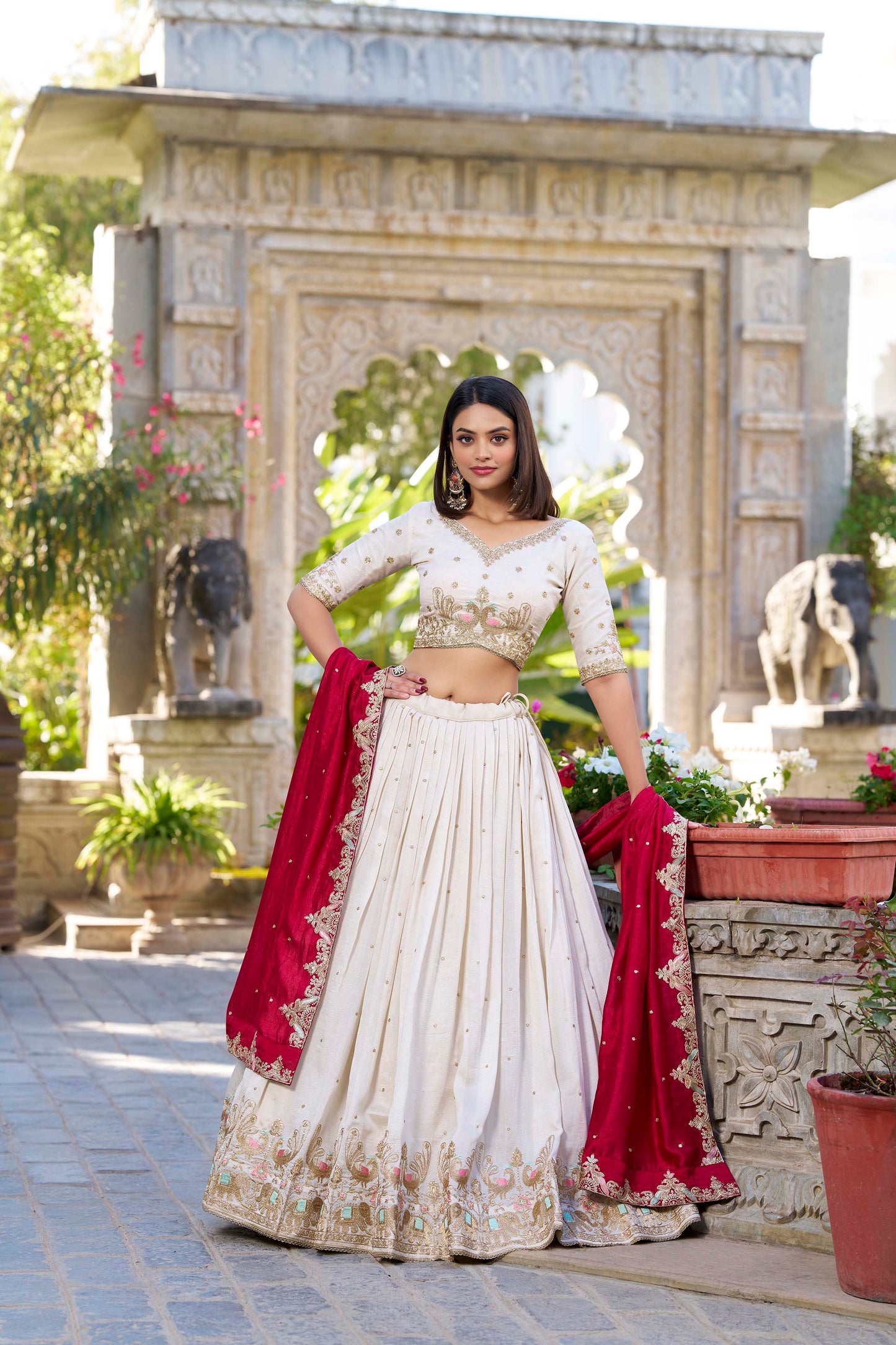 Off white Color Sequins And Thread Embroidery Work Vichitra Silk Lehenga Choli
