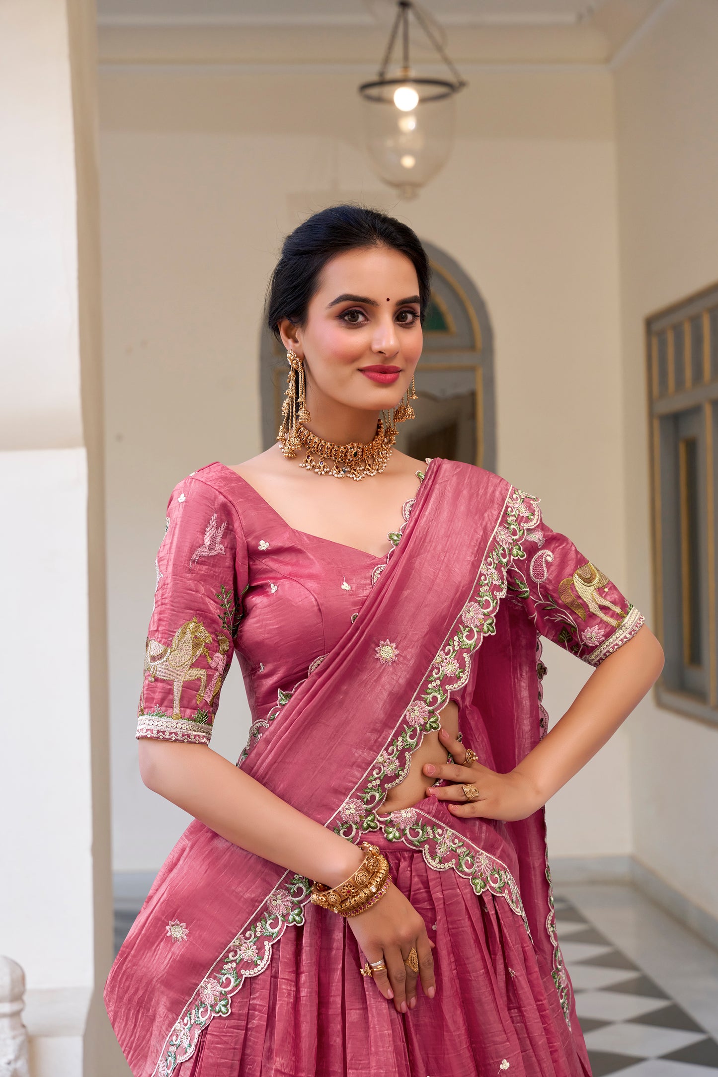 Pink Color Sequins and Thread Embroidery Work Gold Crush Lehenga Choli