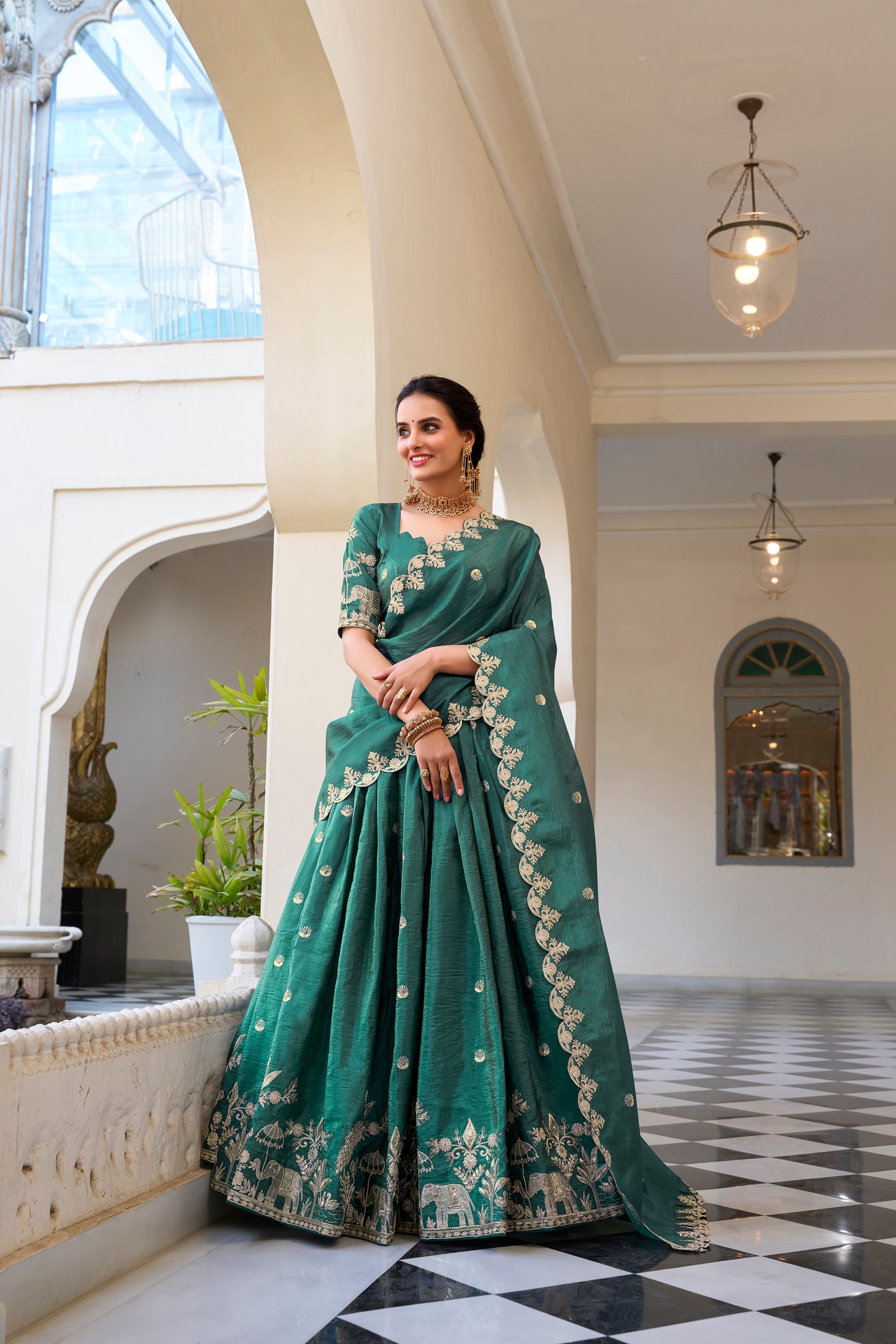 Teal Color Sequins and Thread Embroidery Work Gold Crush Lehenga Choli