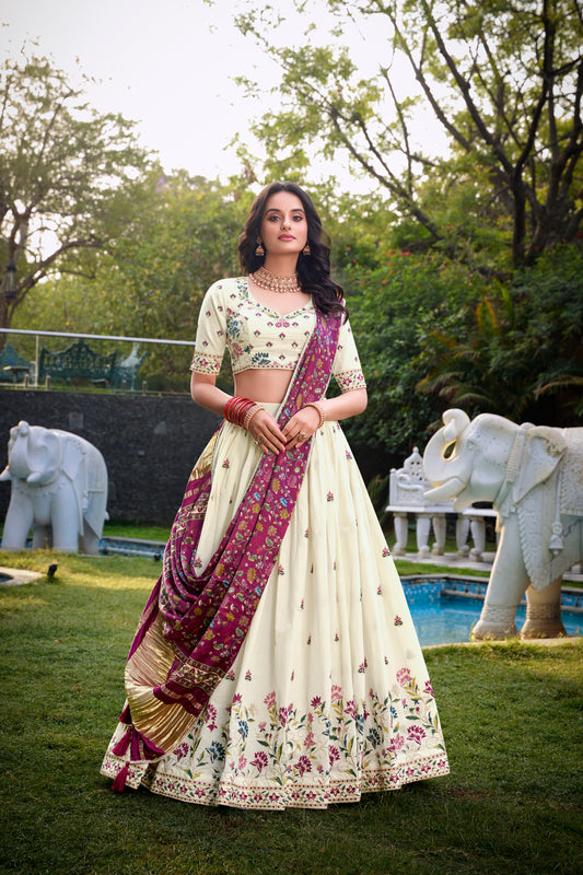 Flower Design With Sequince And Thread Embroidery Work Khadi Cotton Lehenga Choli