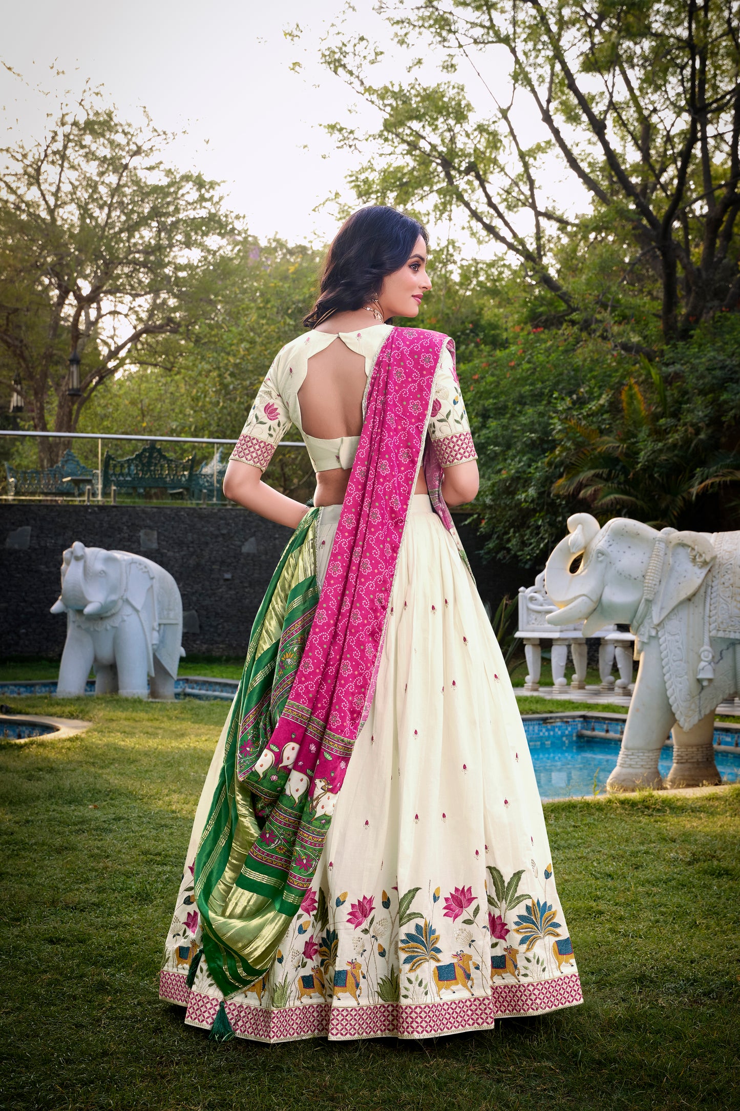 Lotus Design With Sequince And Thread Embroidery Work Khadi Cotton Lehenga Choli