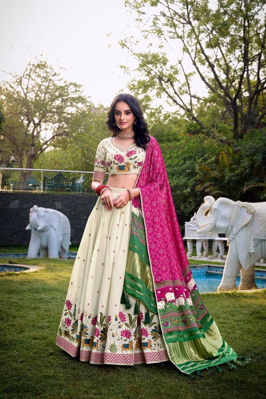Lotus Design With Sequince And Thread Embroidery Work Khadi Cotton Lehenga Choli