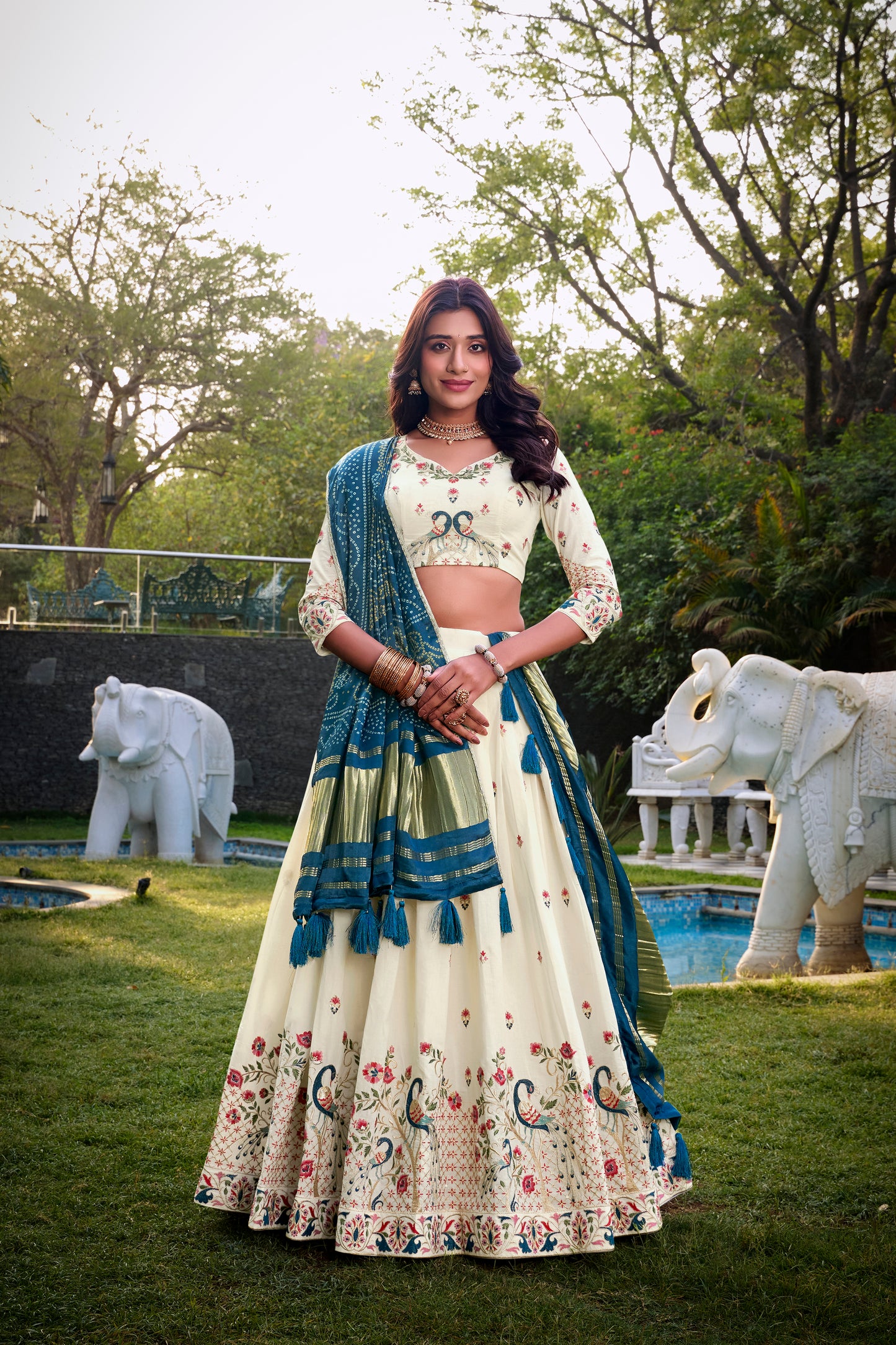Peacock Design With Sequince And Thread Embroidery Work Khadi Cotton Lehenga Choli