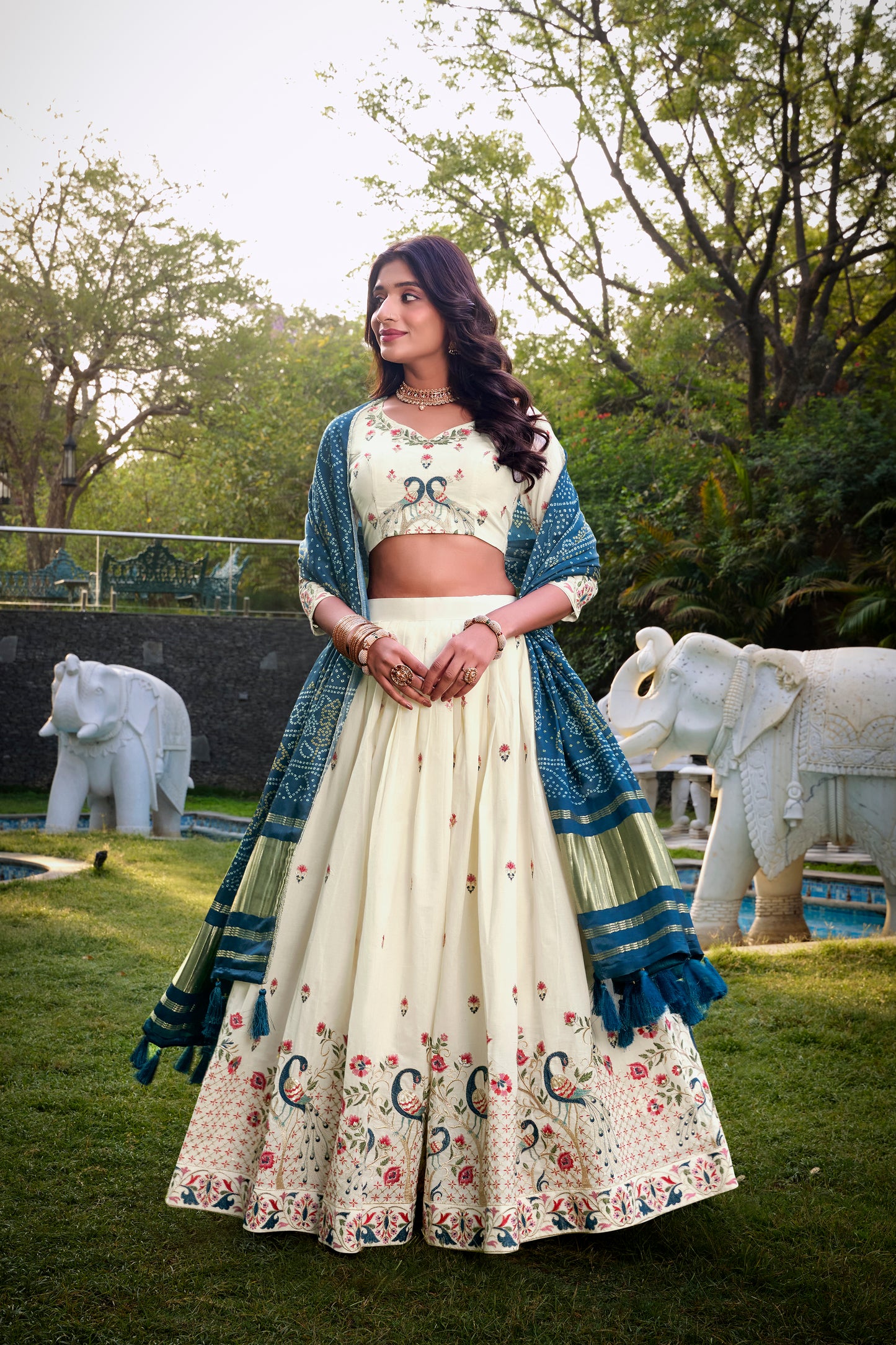 Peacock Design With Sequince And Thread Embroidery Work Khadi Cotton Lehenga Choli
