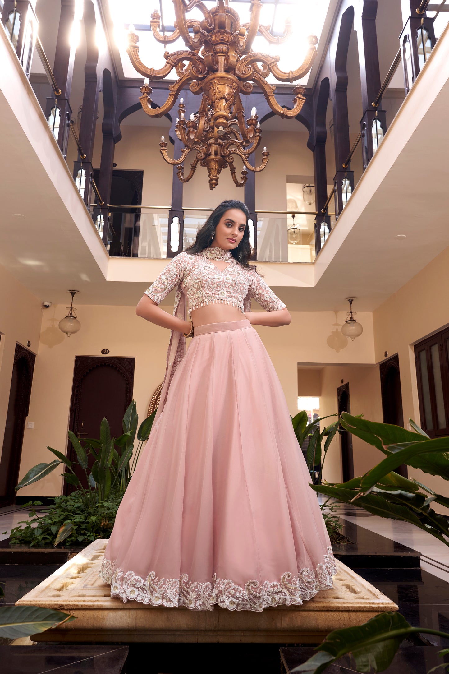 Pastel Pink Color Pearl Coding And Sequins Embroidery Work Star Georgette Lehenga Choli