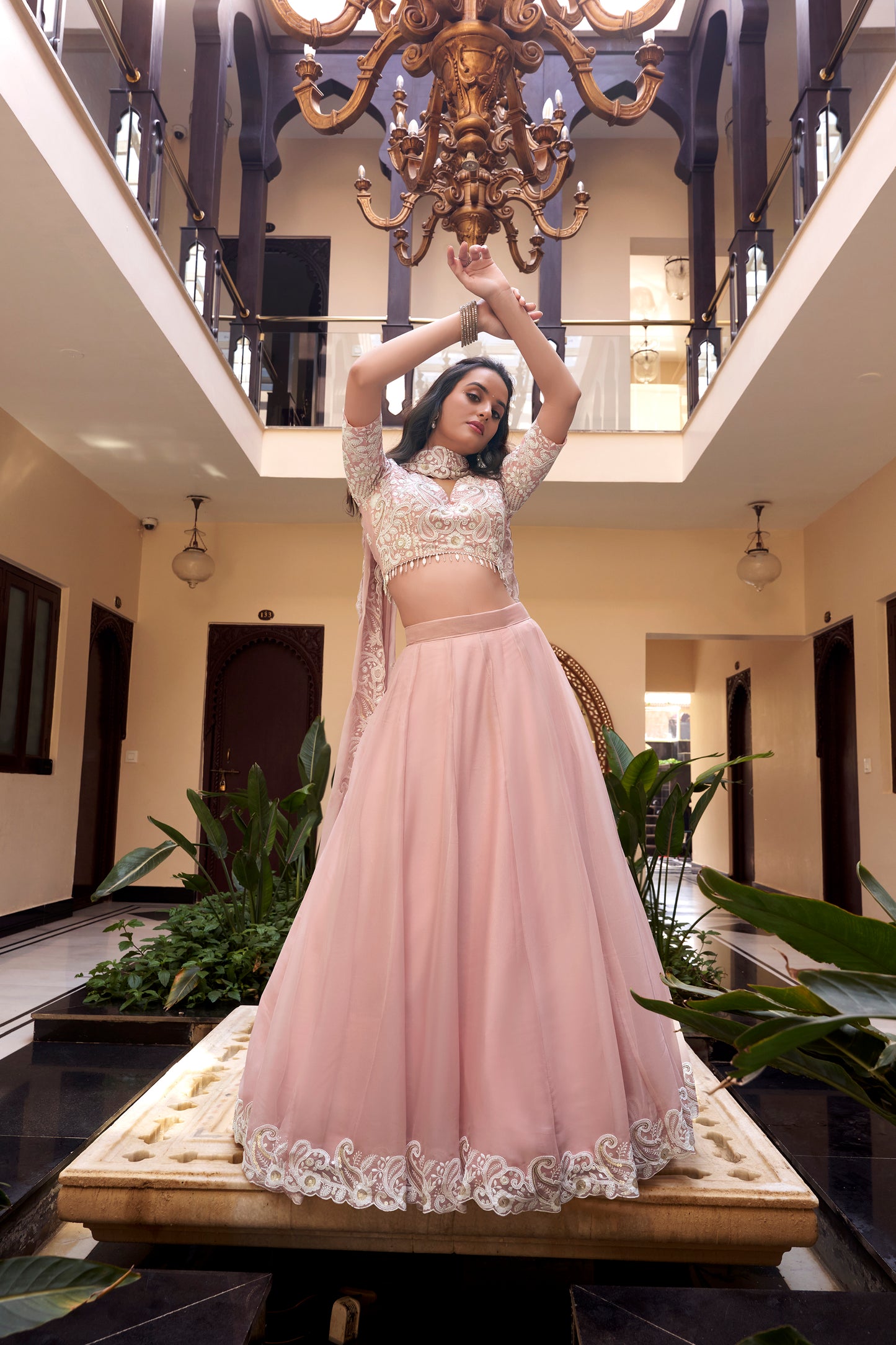 Pastel Pink Color Pearl Coding And Sequins Embroidery Work Star Georgette Lehenga Choli