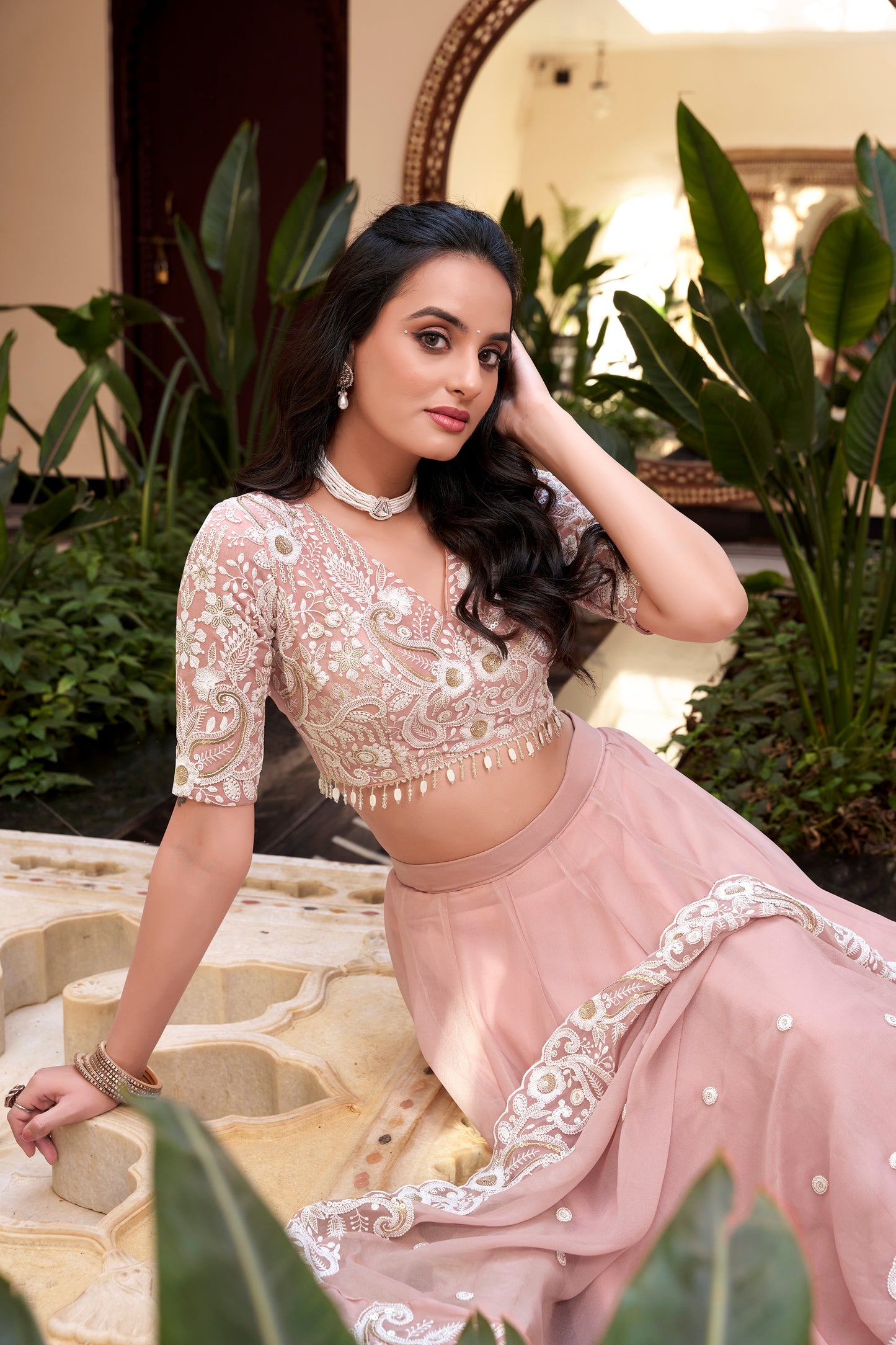Pastel Pink Color Pearl Coding And Sequins Embroidery Work Star Georgette Lehenga Choli