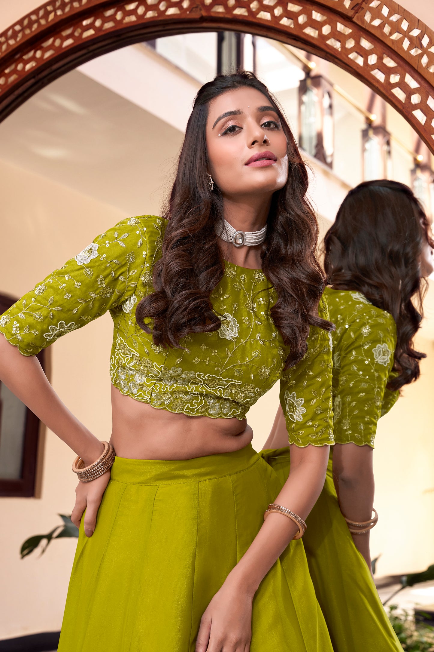 Parrot Color Pearl Coding And Sequins Embroidery Work Star Georgette Lehenga Choli
