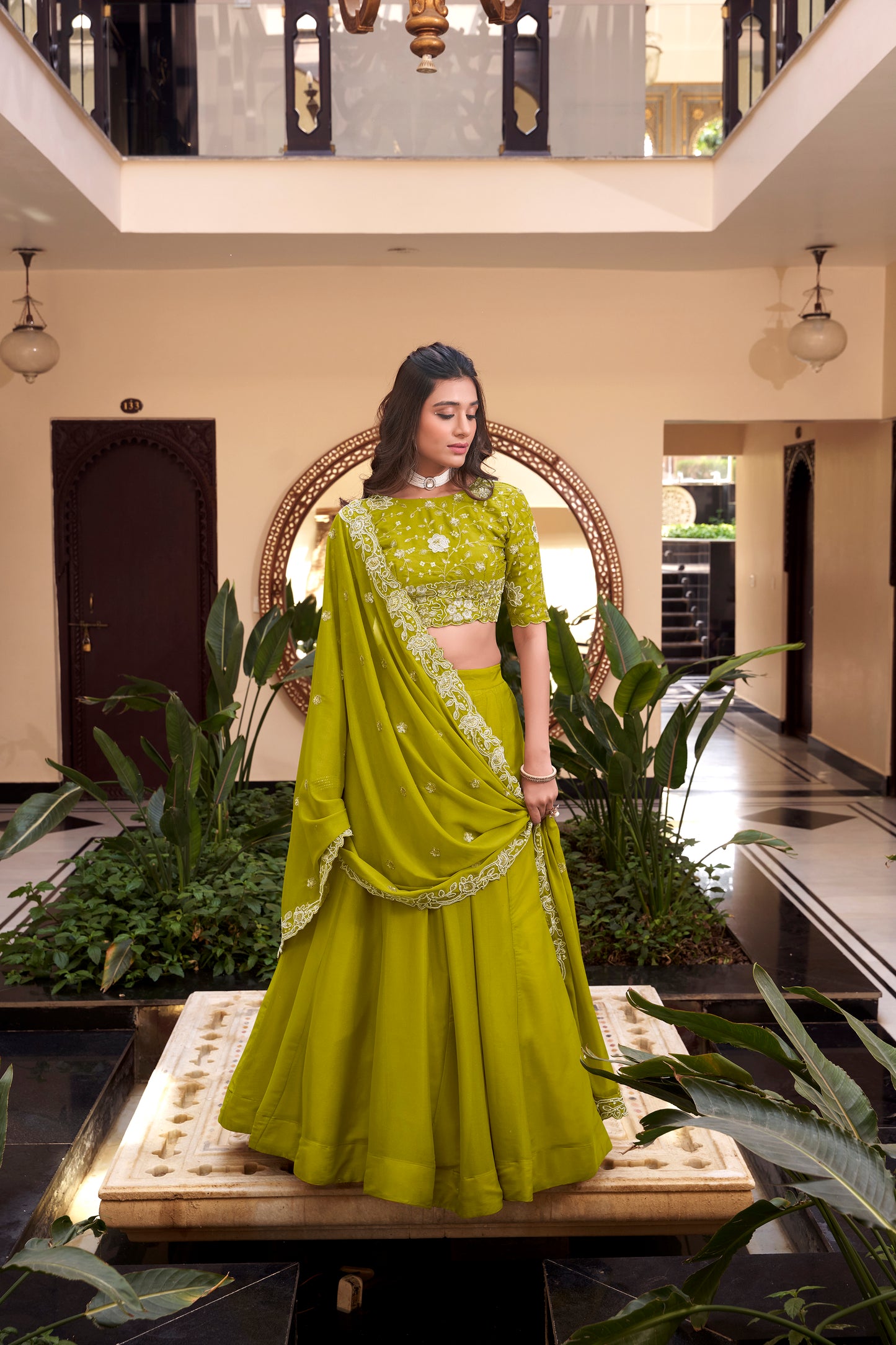 Parrot Color Pearl Coding And Sequins Embroidery Work Star Georgette Lehenga Choli