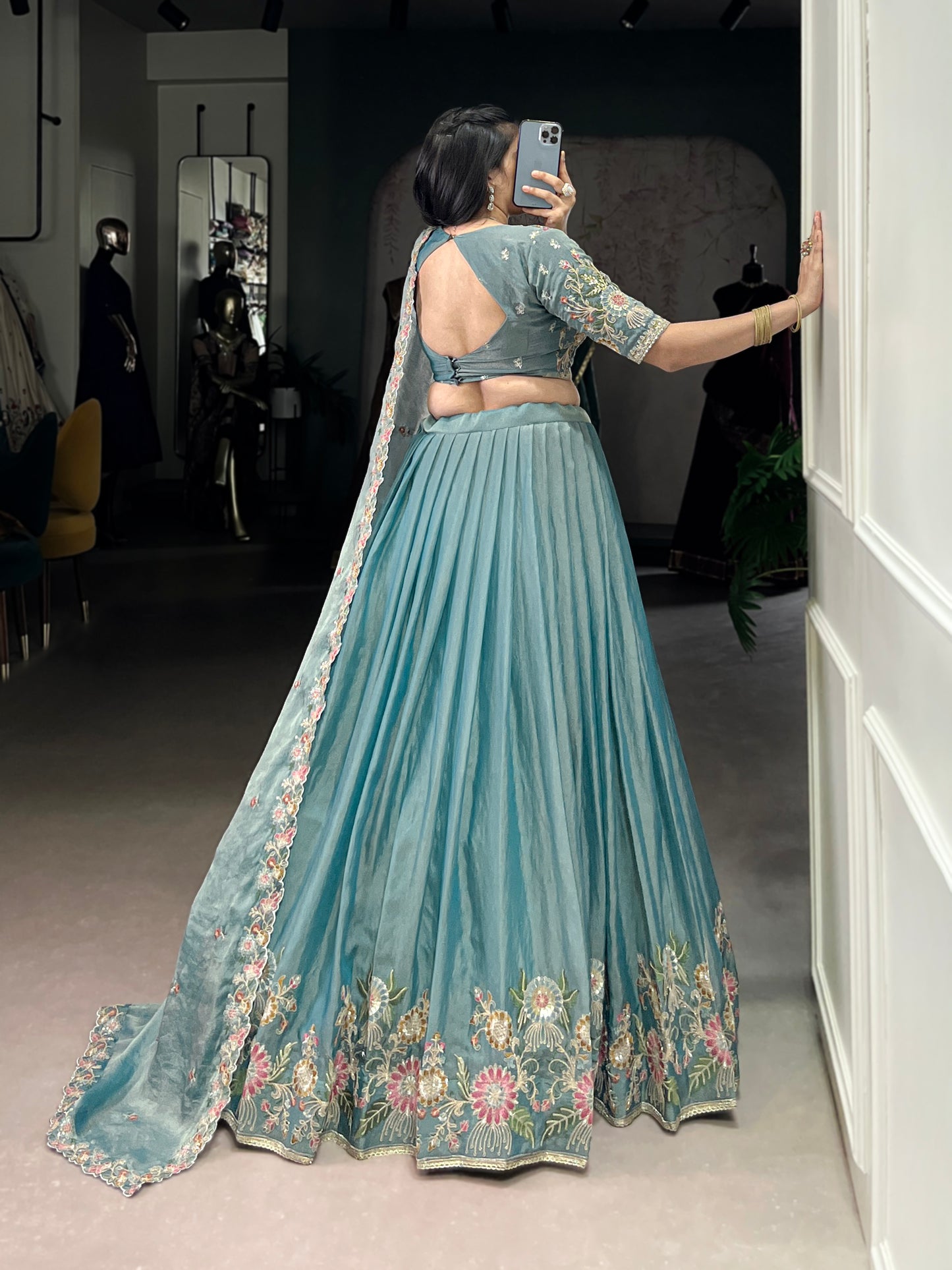 Sky Blue Color Sequince And Thread Embroidery Work Zari Shimmer Lehenga Choli