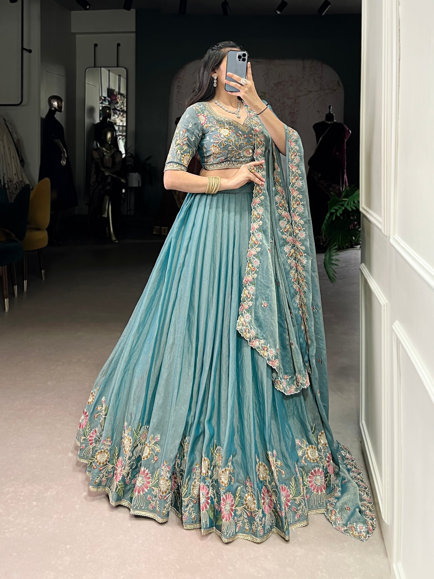 Sky Blue Color Sequince And Thread Embroidery Work Zari Shimmer Lehenga Choli