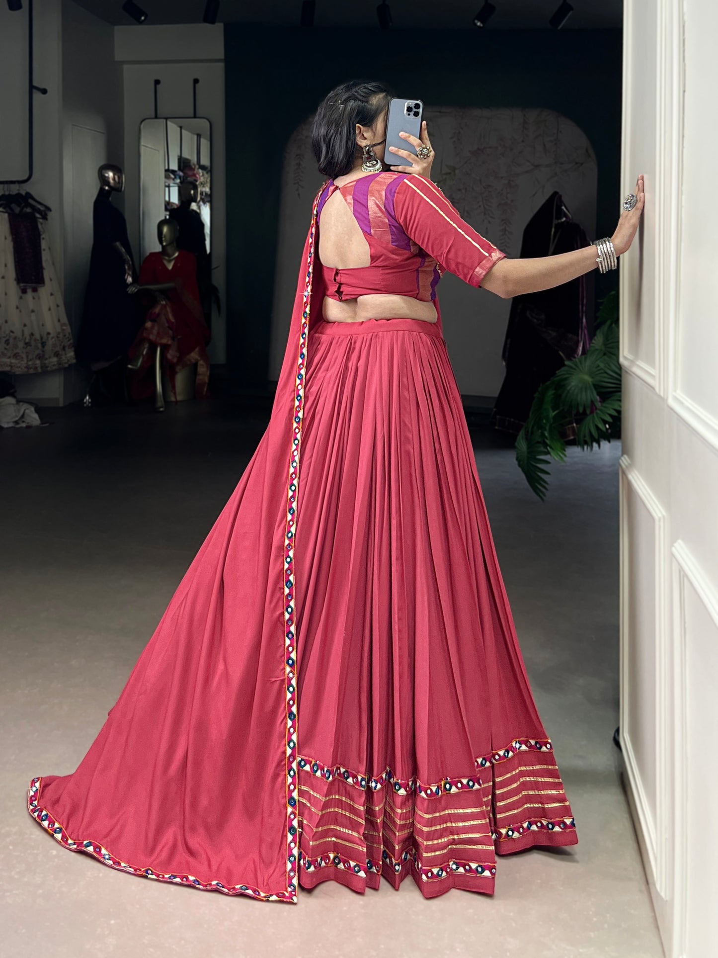 Dusty Pink Color Original Mirror Gamthi Work Rayon Chaniya Choli