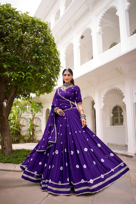 Purple Color Bandhej Print With Lace Touch Up Chanderi Chaniya Choli