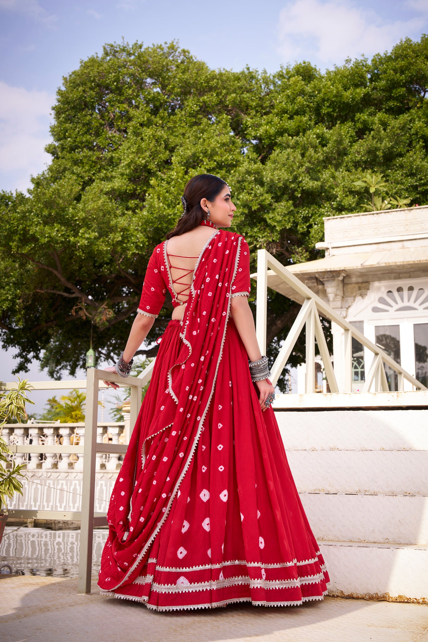 Red Color Bandhej Print With Lace Touch Up Chanderi Chaniya Choli