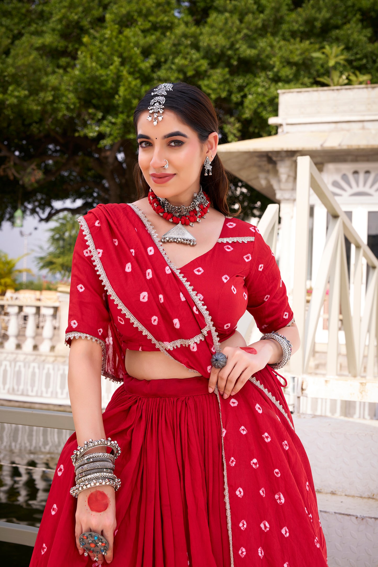 Red Color Bandhej Print With Lace Touch Up Chanderi Chaniya Choli