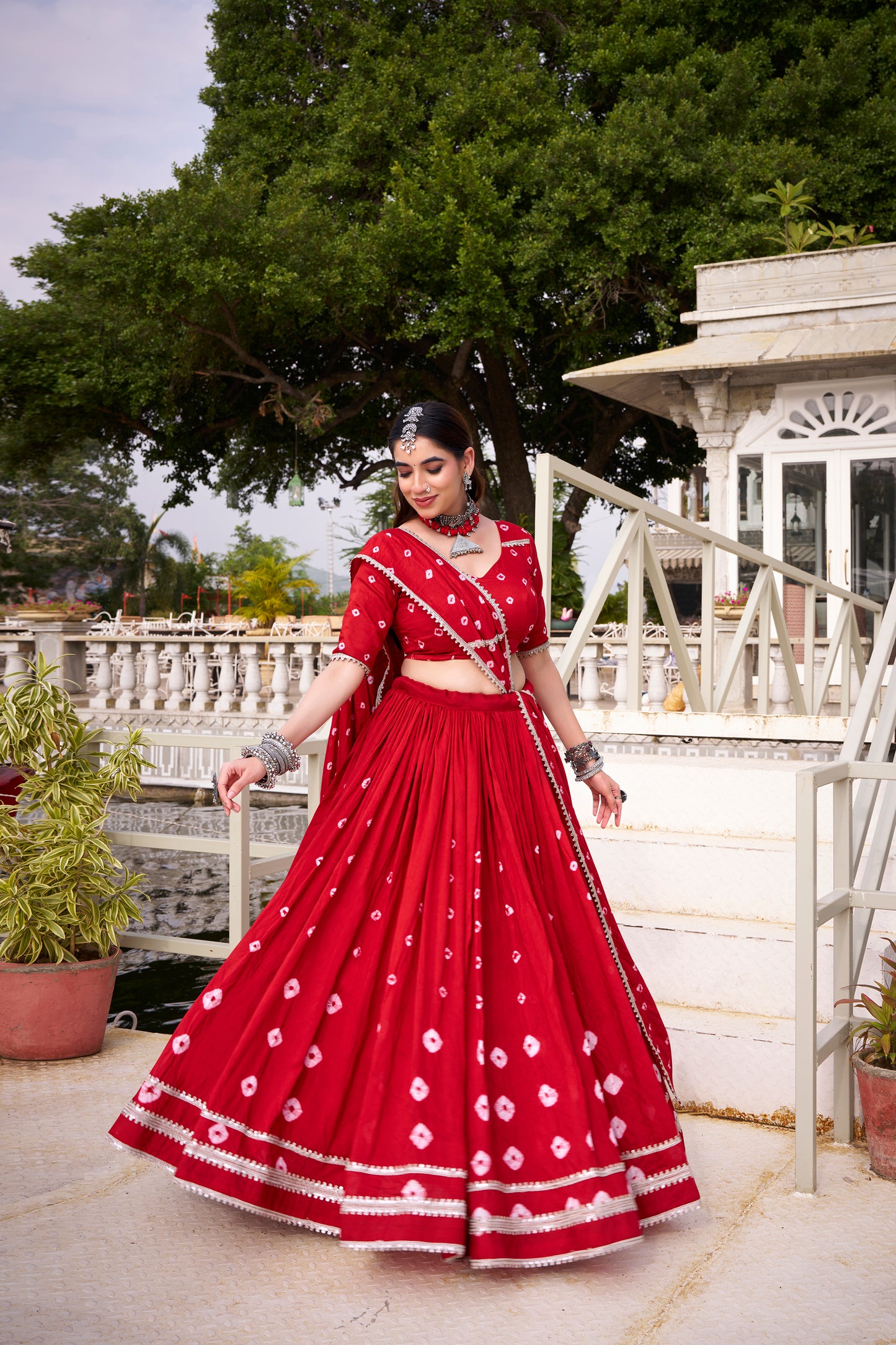 Red Color Bandhej Print With Lace Touch Up Chanderi Chaniya Choli