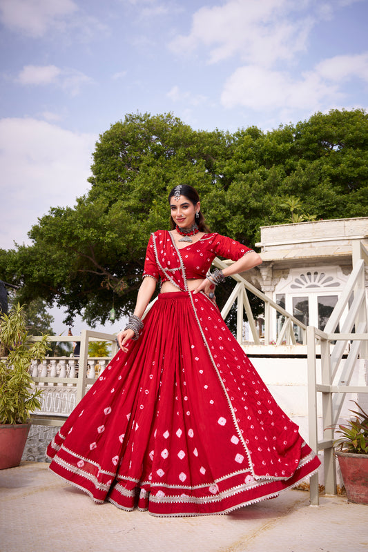 Red Color Bandhej Print With Lace Touch Up Chanderi Chaniya Choli