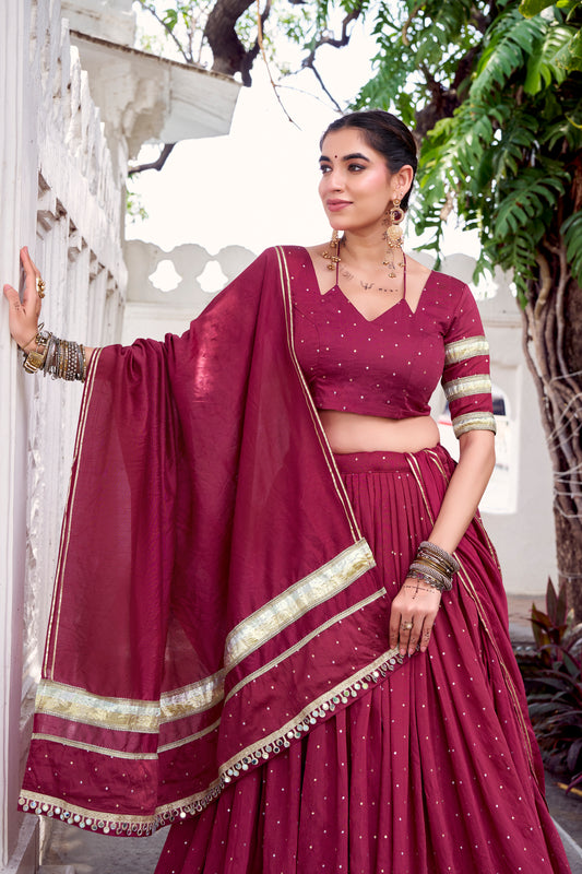Maroon Color Zari Weaving Work With Embossed Design Chanderi Lehenga Choli