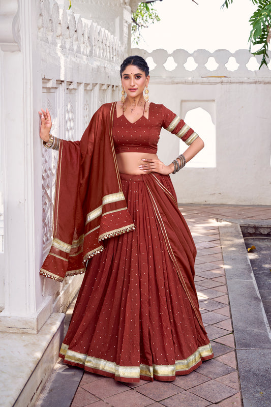 Rust Orange Color Zari Weaving Work With Embossed Design Chanderi Lehenga Choli
