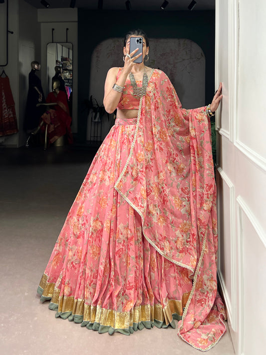 Peach Color Floral And Foil Print With Embossed Design Chiffon Ghaghra choli