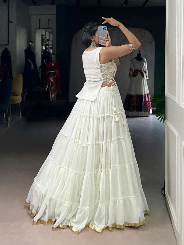 White Color Embossed Design Lace Border Marbal Chaniya Choli