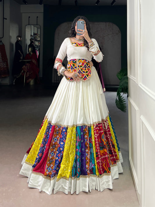 White Color Multi Patch With Lace Touch Up Rayon Chaniya Choli