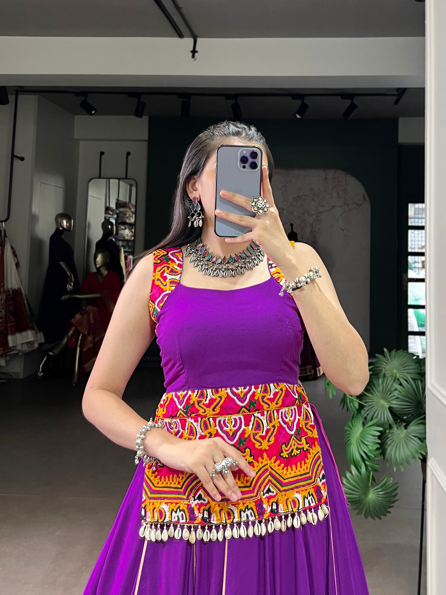 Purple Color Embossed Design With Gamthi Work Rayon Lehenga Choli