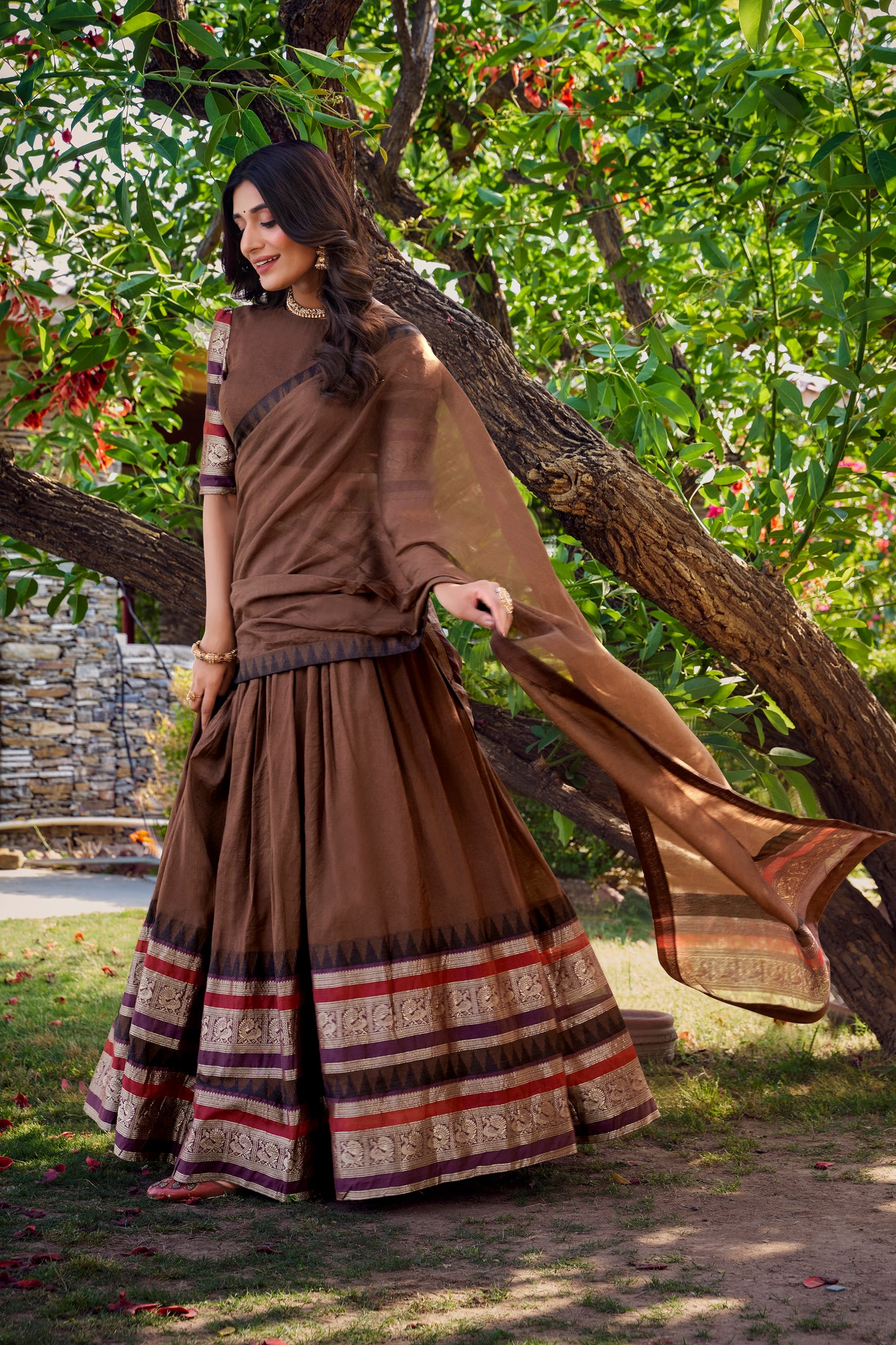 Brown Color Plain With Zari Weaving Work Chanderi Silk Lehenga Choli