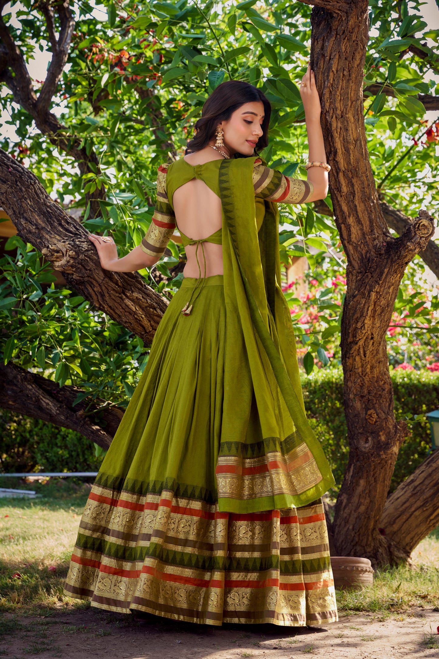Mehandi Color Plain With Zari Weaving Work Chanderi Silk Lehenga Choli