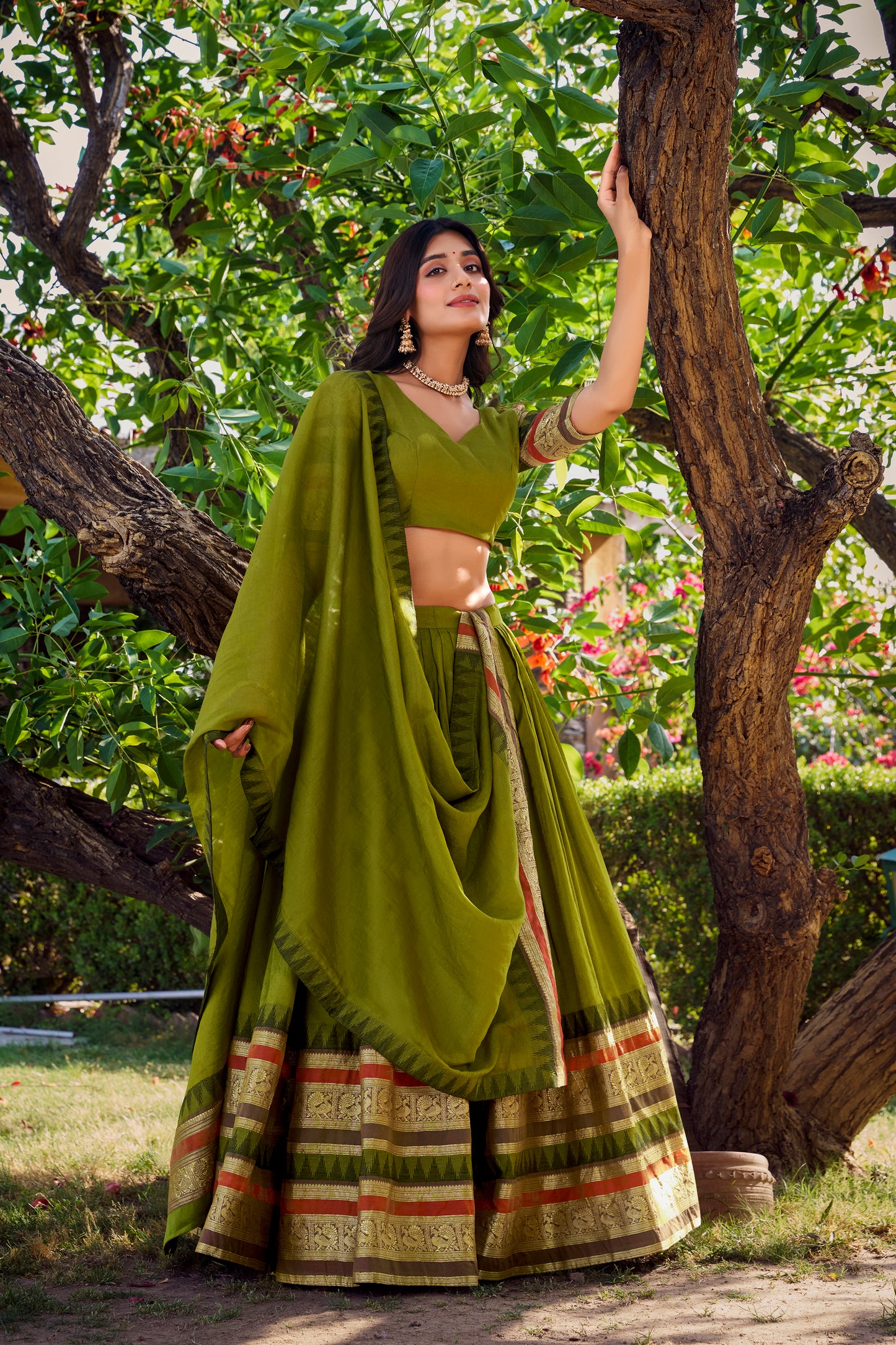 Mehandi Color Plain With Zari Weaving Work Chanderi Silk Lehenga Choli