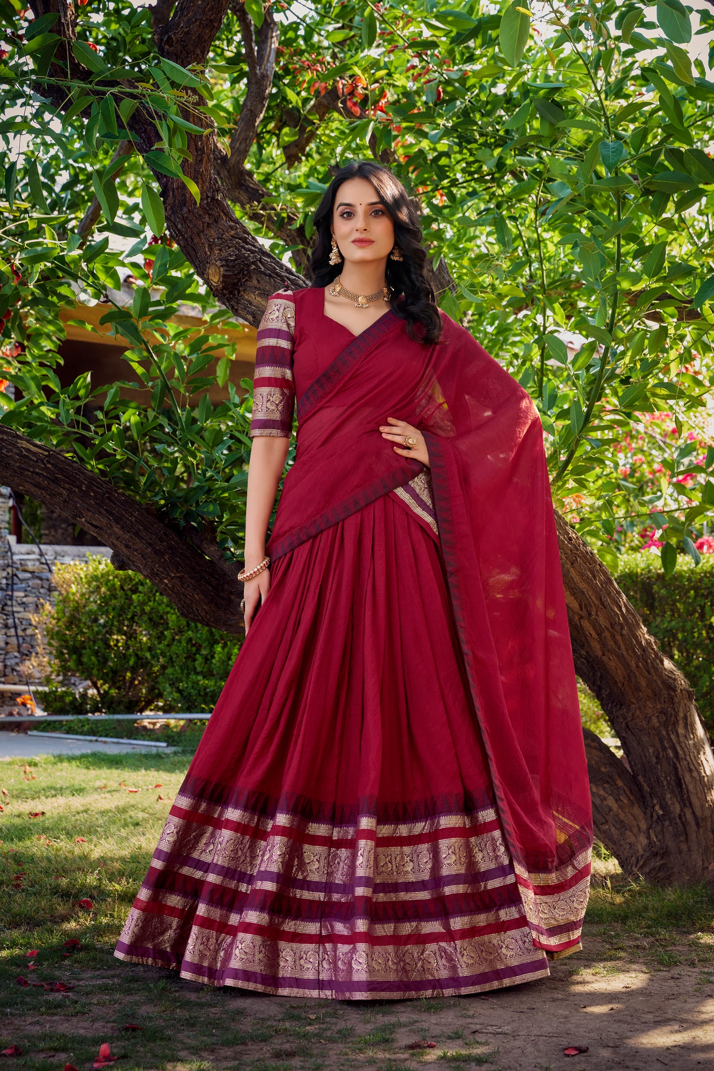 Red Color Plain With Zari Weaving Work Chanderi Silk Lehenga Choli