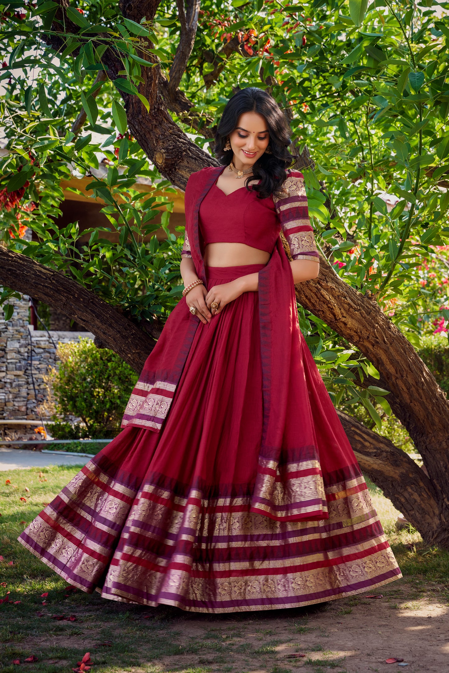 Red Color Plain With Zari Weaving Work Chanderi Silk Lehenga Choli