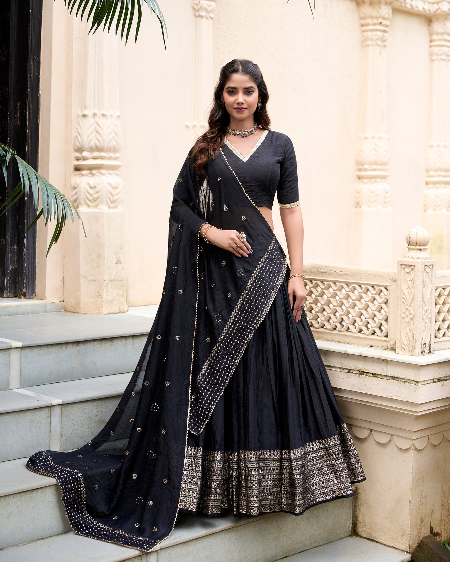 Black Color Plain With Zari Weaving Work Chanderi Lehenga Choli