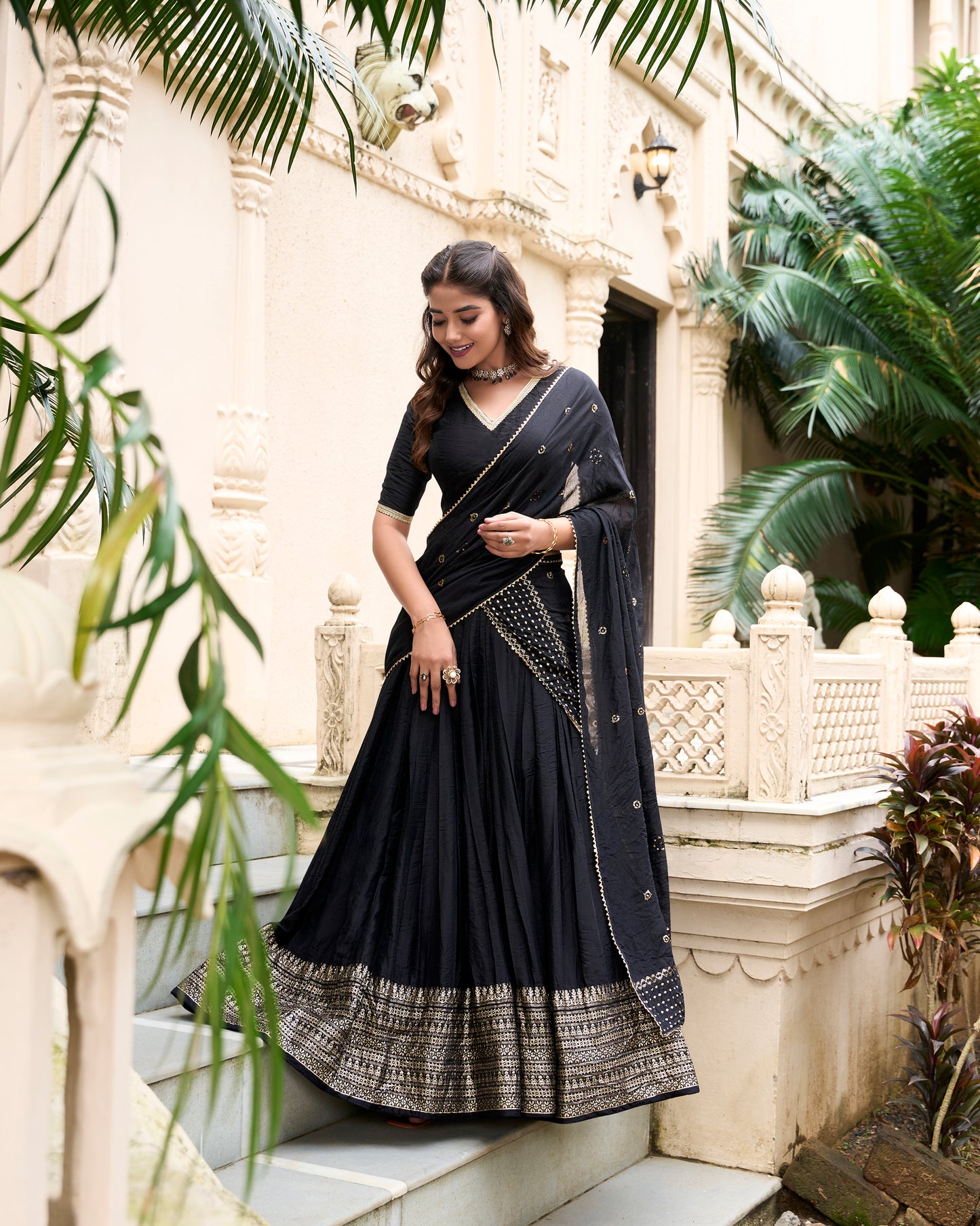 Black Color Plain With Zari Weaving Work Chanderi Lehenga Choli