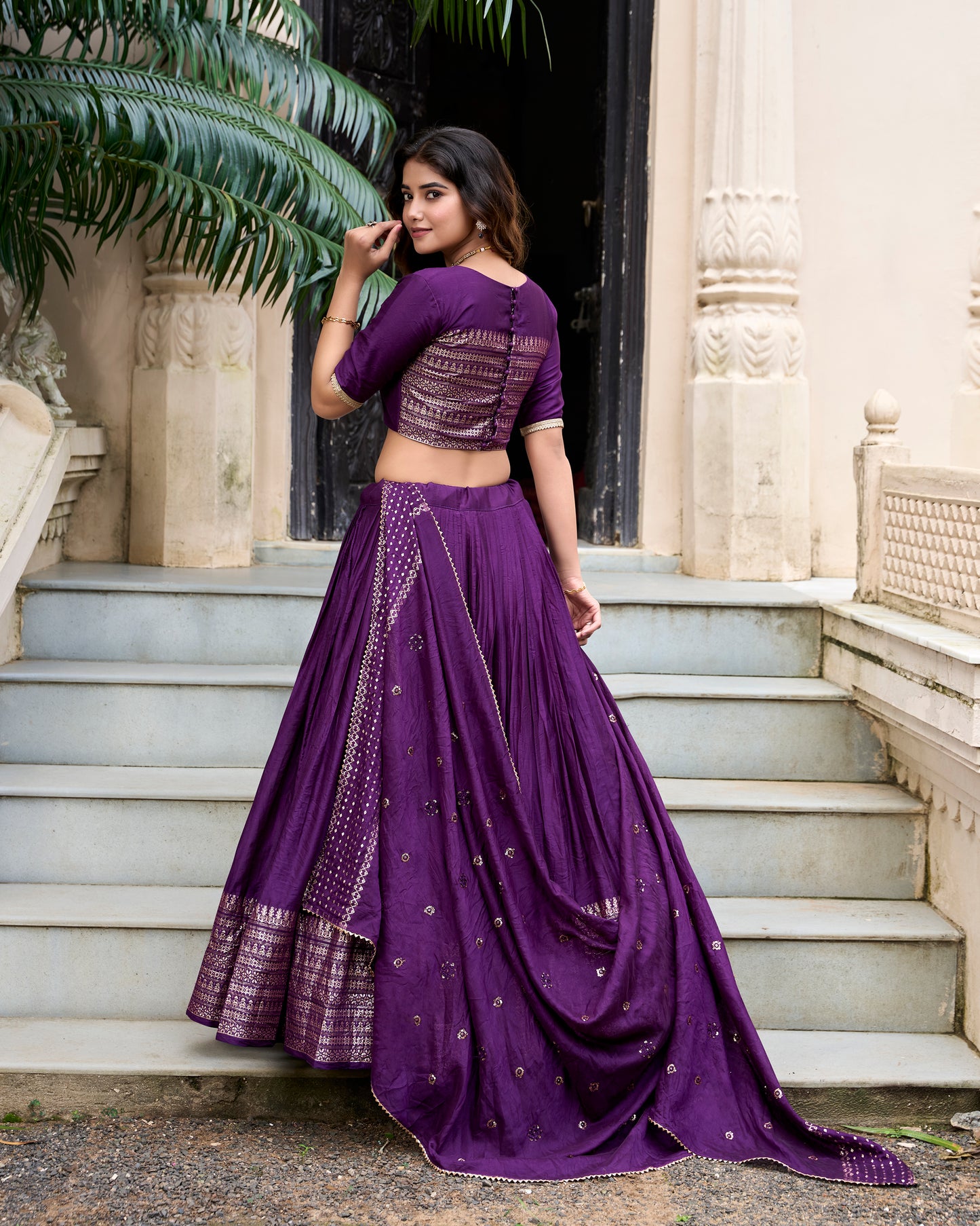 Dark Purple Color Plain With Zari Weaving Work Chanderi Lehenga Choli