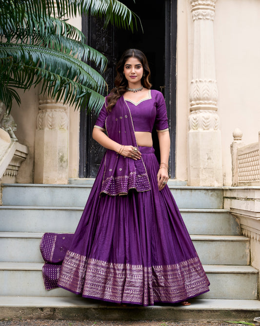 Dark Purple Color Plain With Zari Weaving Work Chanderi Lehenga Choli