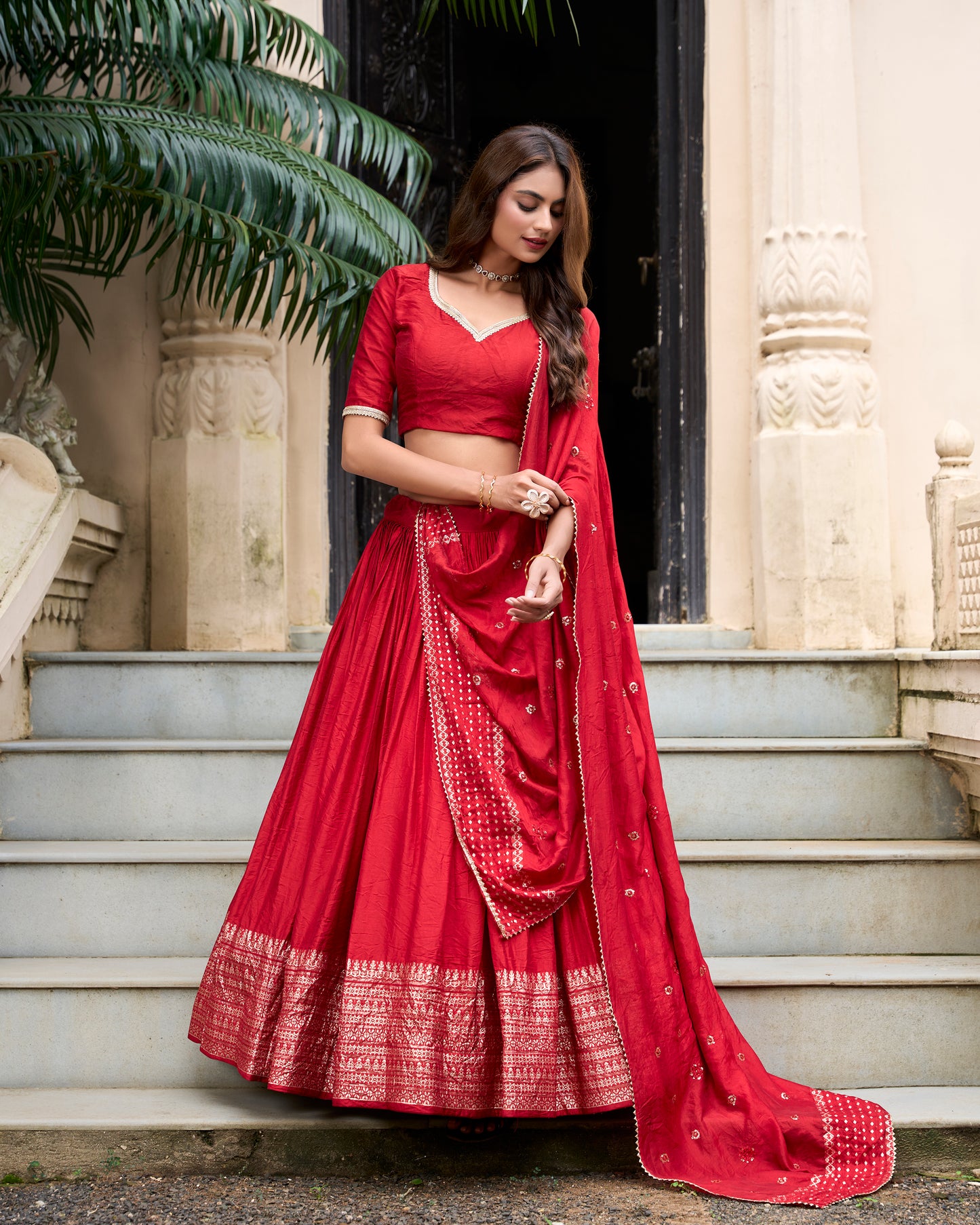 Red Color Plain With Zari Weaving Work Chanderi Lehenga Choli